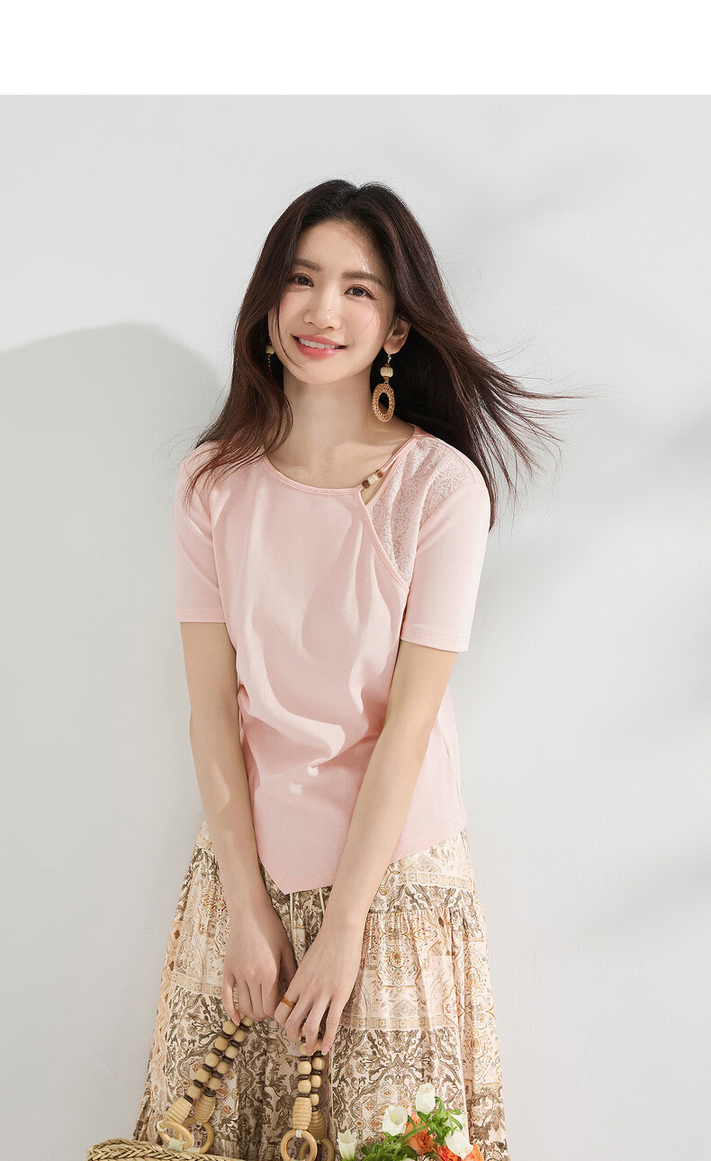 Shangdu Bila Gentle Elegant Cotton Blend T-Shirt Women Summer Beaded Round Neck Lace Splice Stretch Knit Short Sleeve Top 12