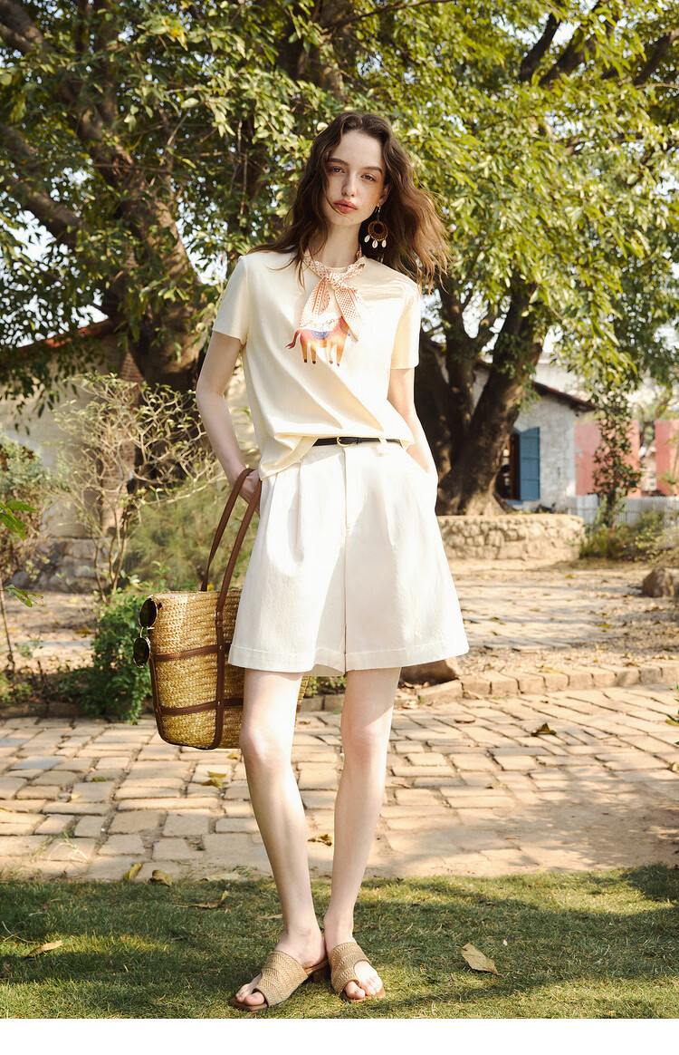 Olrain Eurielle French Style Printed Silk Scarf Short Sleeve T-Shirt Women's Summer Casual Commuting Trendy Top Beige S 15