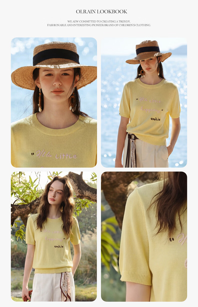 Olrain Summer New Short 3D Letter Embroidered Crew Neck Short Sleeve Knit Top for Women Yellow S 5