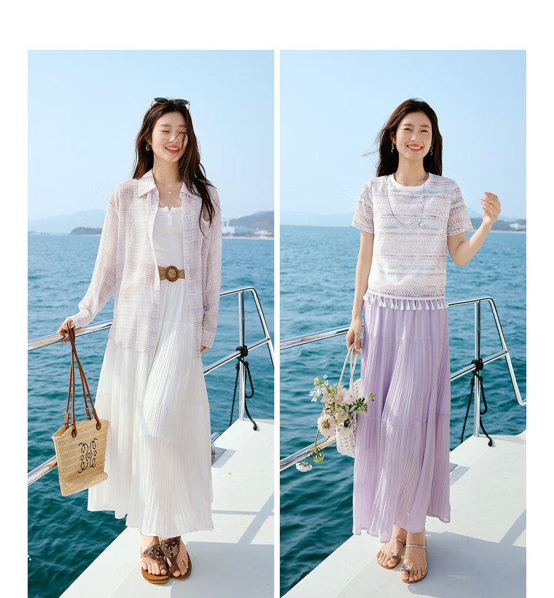 Sllsky Bohemian Chiffon Pleated Midi Skirt Women Summer Lightweight Beach Vacation A-Line Cake Skirt 7