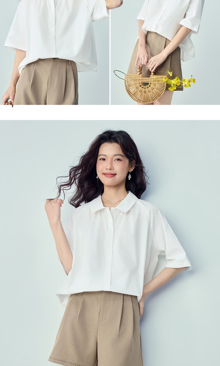 Giordano Women's 2026 Summer New Pure Cotton Solid Color Loose Fit Polo Collar Raglan Mid Sleeve Shirt 13346207 17