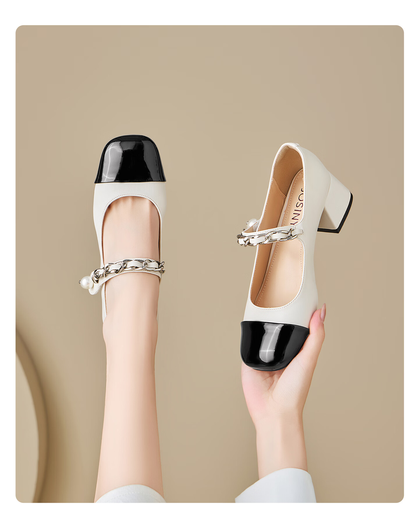 Josiny [Celebrity Style] Little Chanel Style Mary Jane Women's Shoes Spring Round Toe Chunky Heel French Leather Shoes White Size 34 13