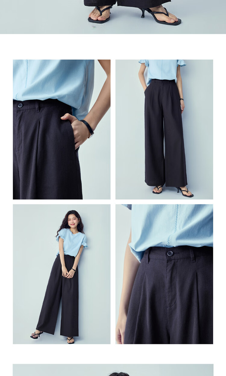 Giordano Women's Summer Linen Pants Cotton and Linen Loose Casual Pants Semi-Elastic Waist Wide-Leg Pants 13416310 13