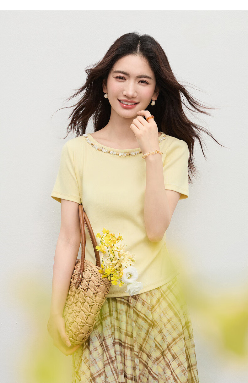 Shangdu Bila Korean Style Elegant Cotton Blend T-Shirt Women Summer Beaded Lace Round Neck Knit Top Slim Fit Short Sleeve Inner Wear 26