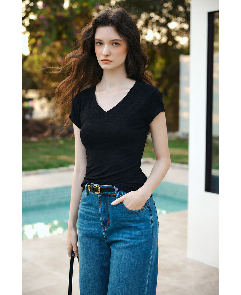 Olrain Eurielle Summer New Classic V-Neck Back Hollow Slim Short Sleeve T-Shirt Women Casual Top Black S 12