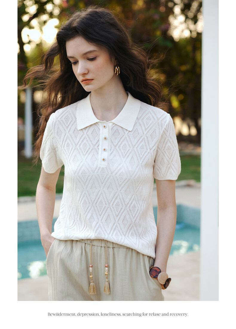 Olrain Summer New POLO Collar Commuter Rhombus Jacquard Knit Sweater for Women White L 10