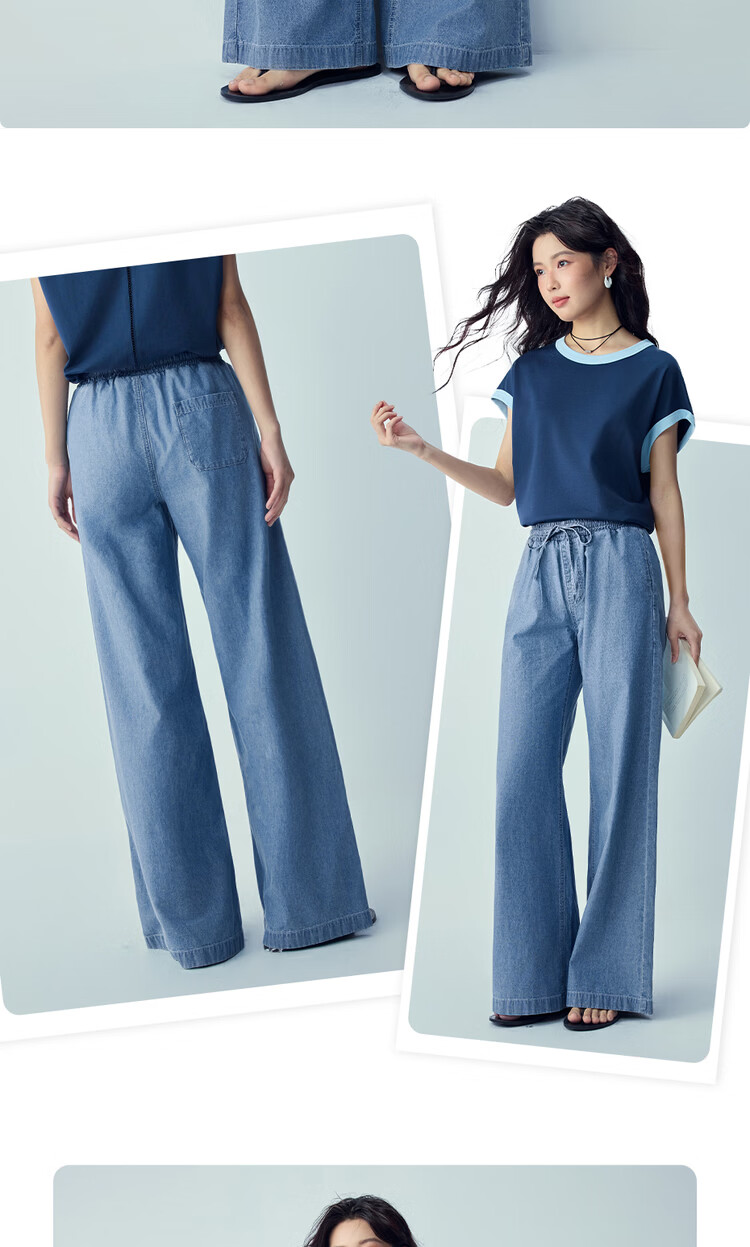 Giordano Women's Loose Fit Pants 2026 Summer Cotton Lightweight Drawstring Elastic Waist Wide Leg Jeans 05416335 13