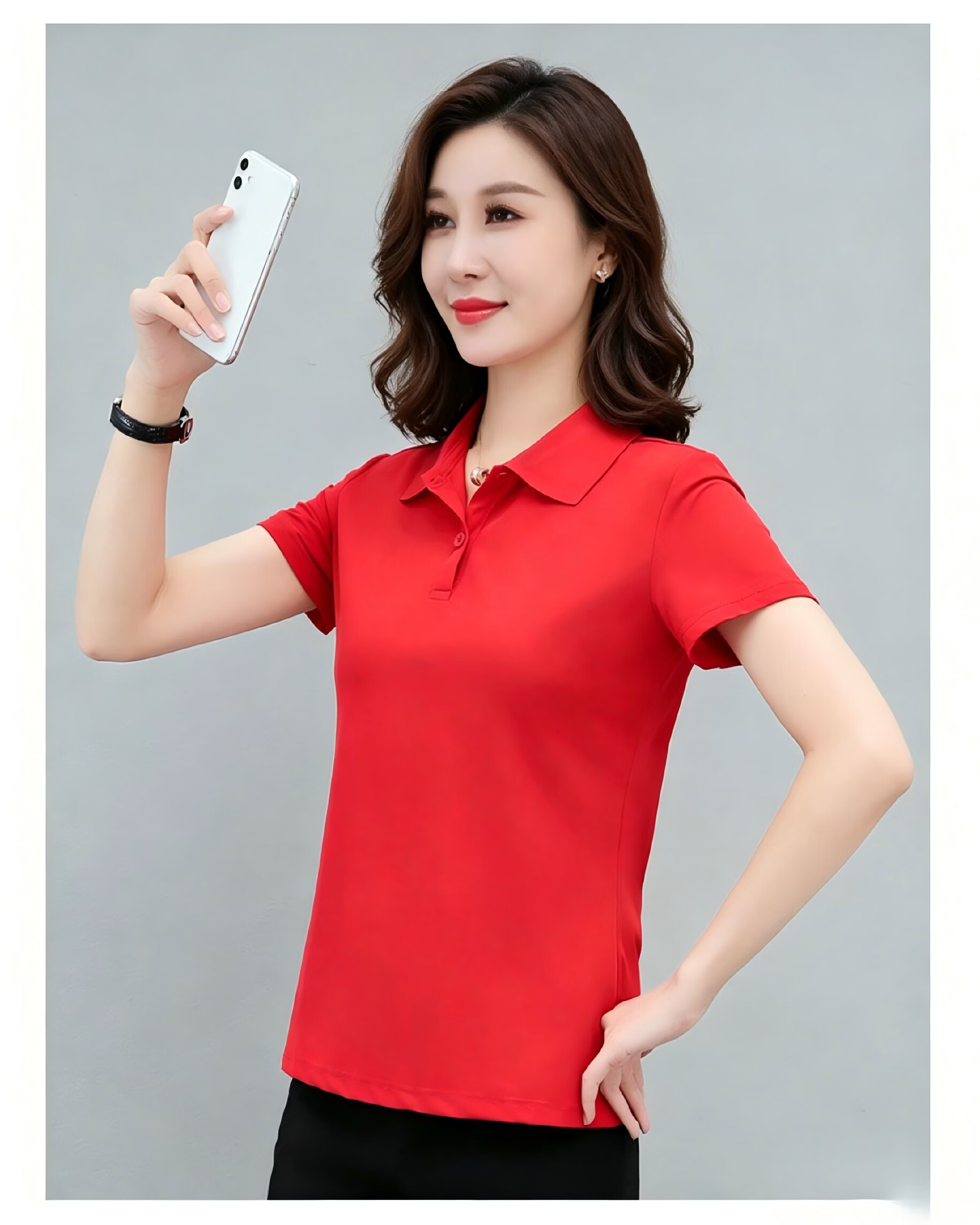AEMAPE Ice Silk Solid Color Short Sleeve T-Shirt Women 2026 Summer New Fashionable Polo Shirt Casual Versatile Collared Top 13