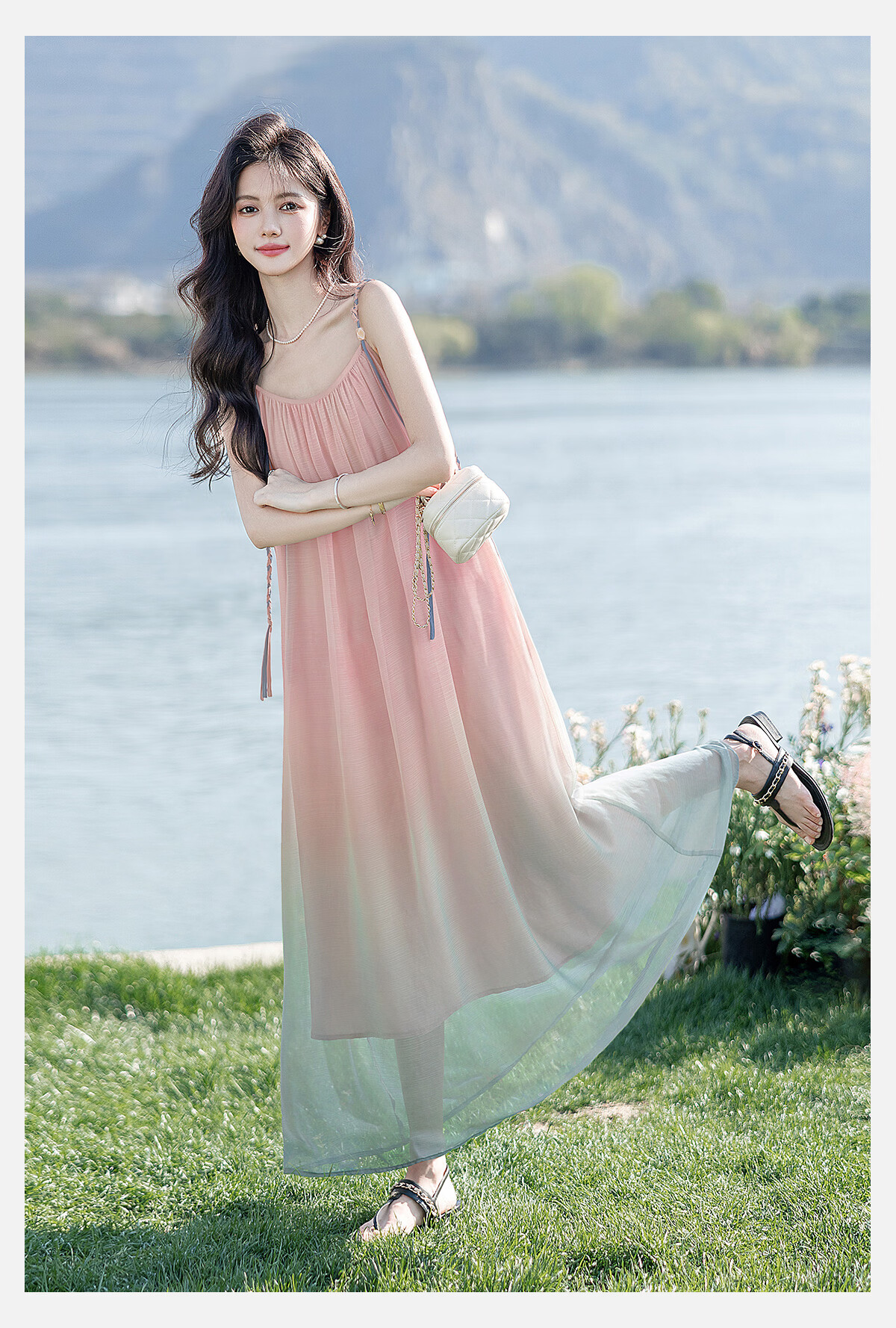 Cypress Gradient Vacation Style Spaghetti Strap Dress for Women 2026 Summer New Fashion Flowing Elegant Long Dress 9
