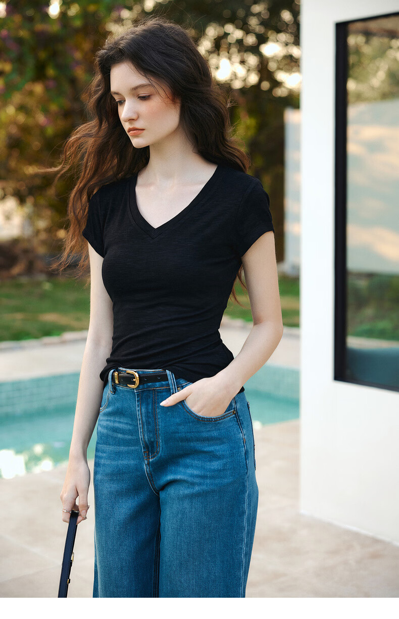 Olrain Eurielle Summer New Classic V-Neck Back Hollow Slim Short Sleeve T-Shirt Women Casual Top Black S 14