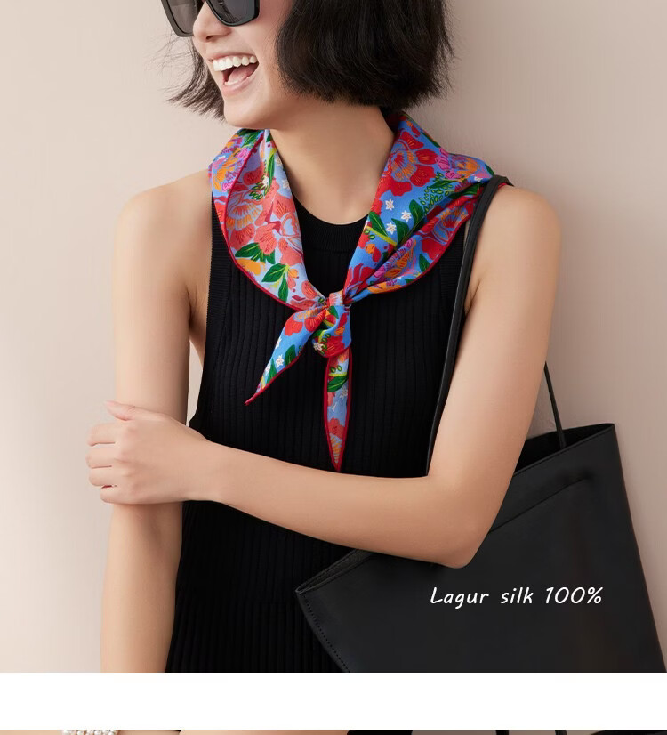 Lagur Rich Eternal 100% Mulberry Silk Original Illustration Scarf Triangle Silk Neck Scarf Gift for Mom Camellia Red 23