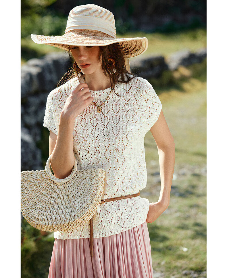 Olrain Summer New Breathable Skin-friendly Hollow Floral Knit Round Neck Short Sleeve Sweater for Women Off-white L 8