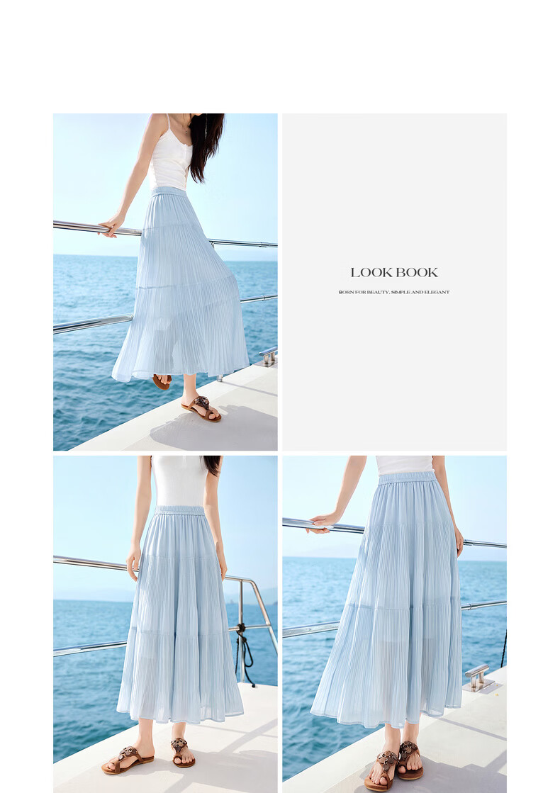 Sllsky Bohemian Chiffon Pleated Midi Skirt Women Summer Lightweight Beach Vacation A-Line Cake Skirt 26