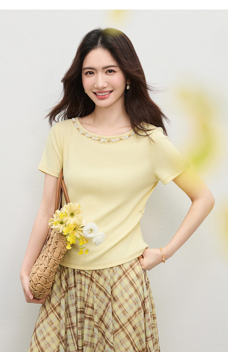 Shangdu Bila Korean Style Elegant Cotton Blend T-Shirt Women Summer Beaded Lace Round Neck Knit Top Slim Fit Short Sleeve Inner Wear 29