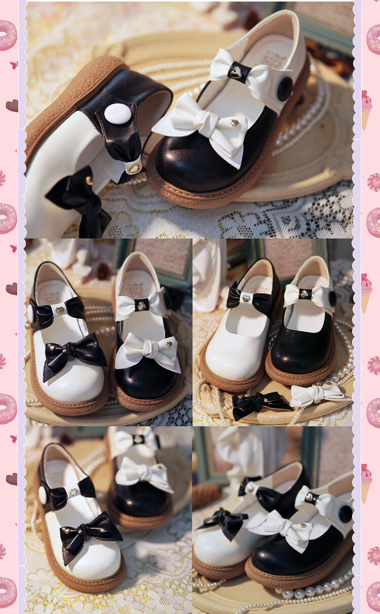 现货泡芙女孩创ita鸳鸯拼色洛丽塔可爱大圆头娃娃平底女单鞋 黑色现货