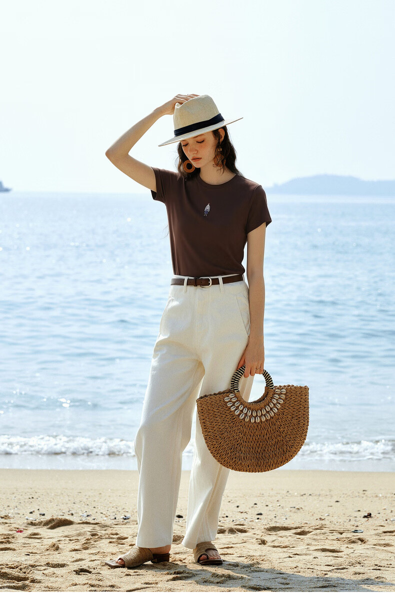 Olrain Summer New Casual Color-Block Heavy Embroidery Ribbed Crew Neck Short Sleeve T-Shirt for Women Brown L 13