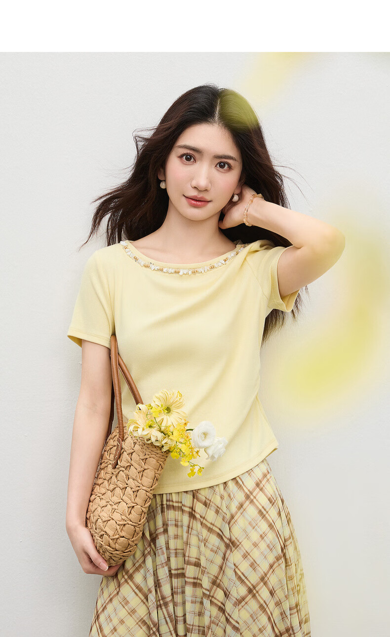 Shangdu Bila Korean Style Elegant Cotton Blend T-Shirt Women Summer Beaded Lace Round Neck Knit Top Slim Fit Short Sleeve Inner Wear 12