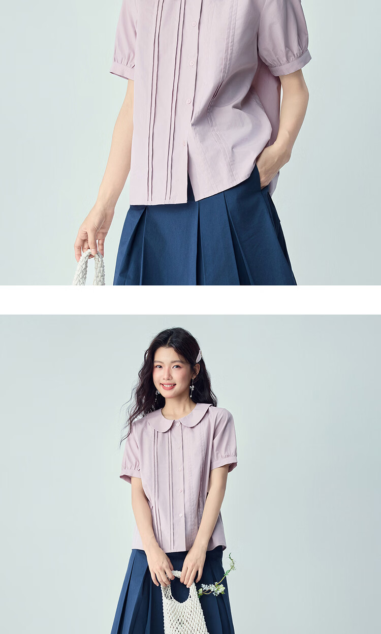 Giordano 2026 Summer New Pure Cotton Loose Pleated Doll Collar Puff Sleeve Shirt for Women 13346215 12
