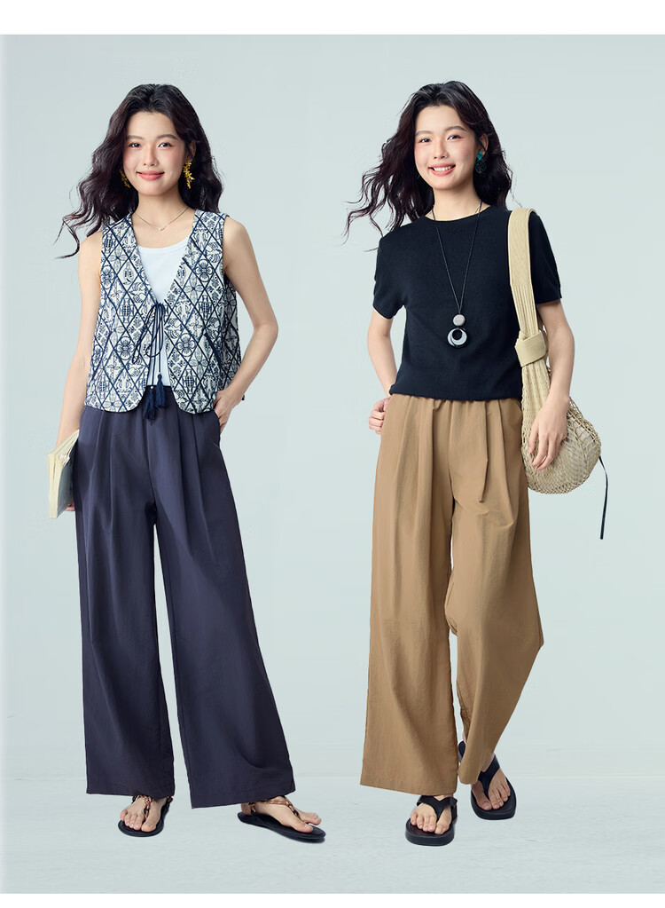 Giordano Women's New Black Technology Cooling Pleated Elastic Waist Wide-Leg Casual Pants 05416325 11