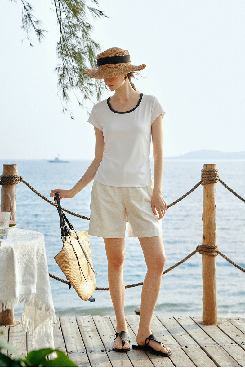 Olrain Eurielle Summer New Pleated Waist Slim Fit Color-Block Round Neck Short Sleeve T-Shirt Women Casual Top White XL 13