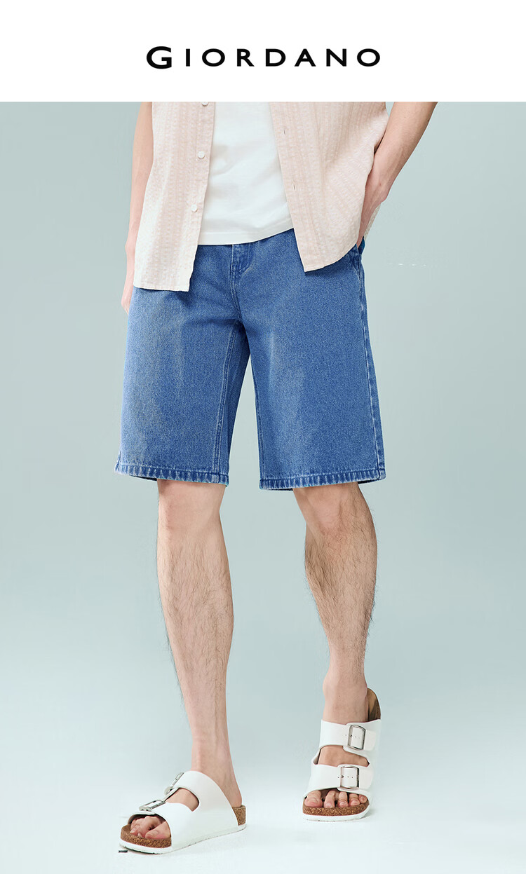 Giordano Men's Summer New Pure Cotton Straight Leg Denim Pants Mid Waist Washed Denim Shorts 13106313 3