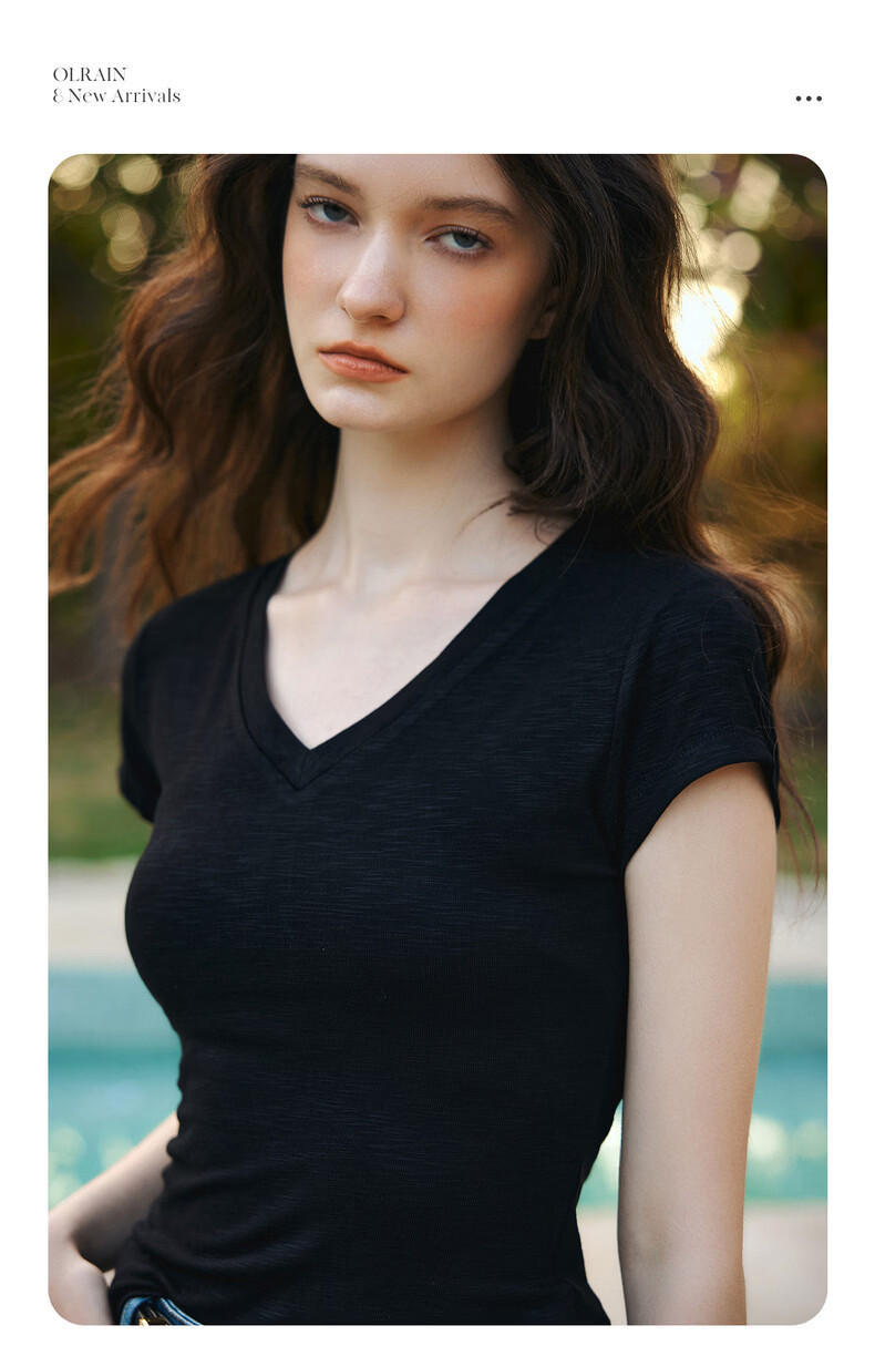 Olrain Eurielle Summer New Classic V-Neck Back Hollow Slim Short Sleeve T-Shirt Women Casual Top Black S 2