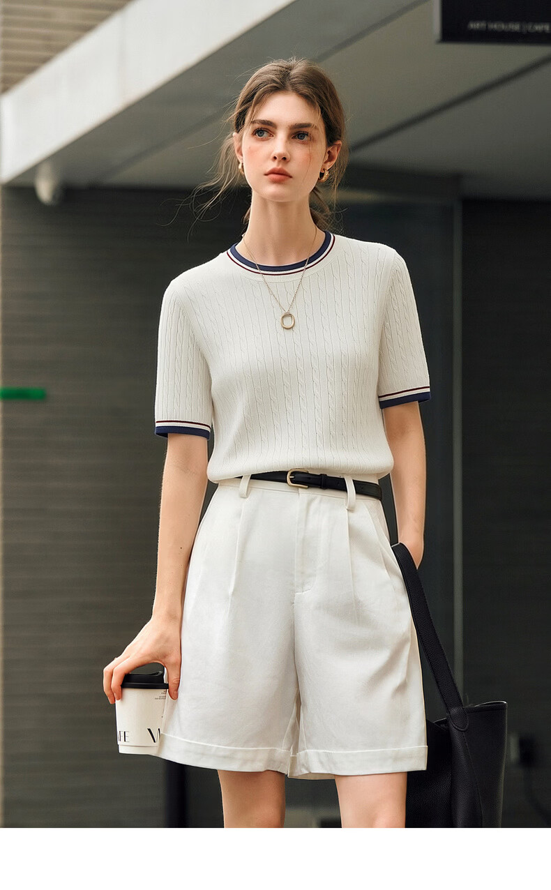 Olrain Women's Summer Casual Narrow Edge Color-Block Round Neck 3D Cable Knit Sweater Top White S 7