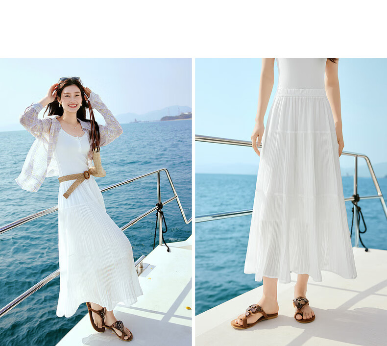 Sllsky Bohemian Chiffon Pleated Midi Skirt Women Summer Lightweight Beach Vacation A-Line Cake Skirt 18