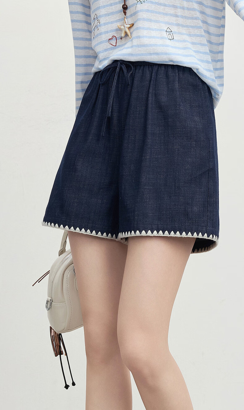 Sllsky Colorblock Shell Embroidered A-Line Denim Shorts for Women Summer Elastic Waist Vintage Petite Casual Wide-Leg Pants 2