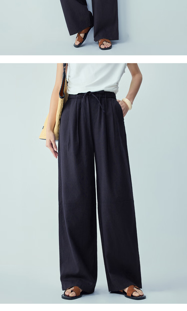 Giordano Women's Summer Linen Pants Cotton Linen Elastic Waist Loose Straight Casual Trousers 05416311 13