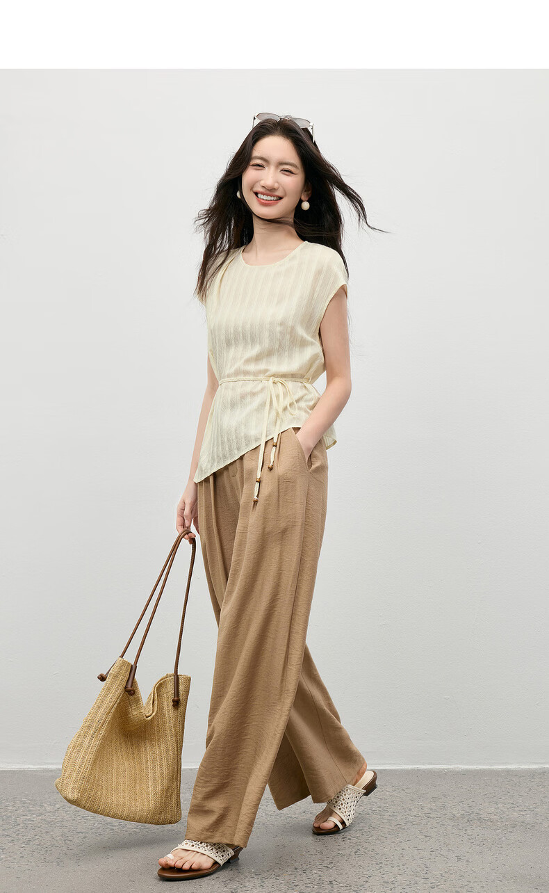 Shangdu Bila Commuter Gentle Style Round Neck T-Shirt Women Summer Vertical Jacquard Textured Loose Slim Pleated Casual Top 3