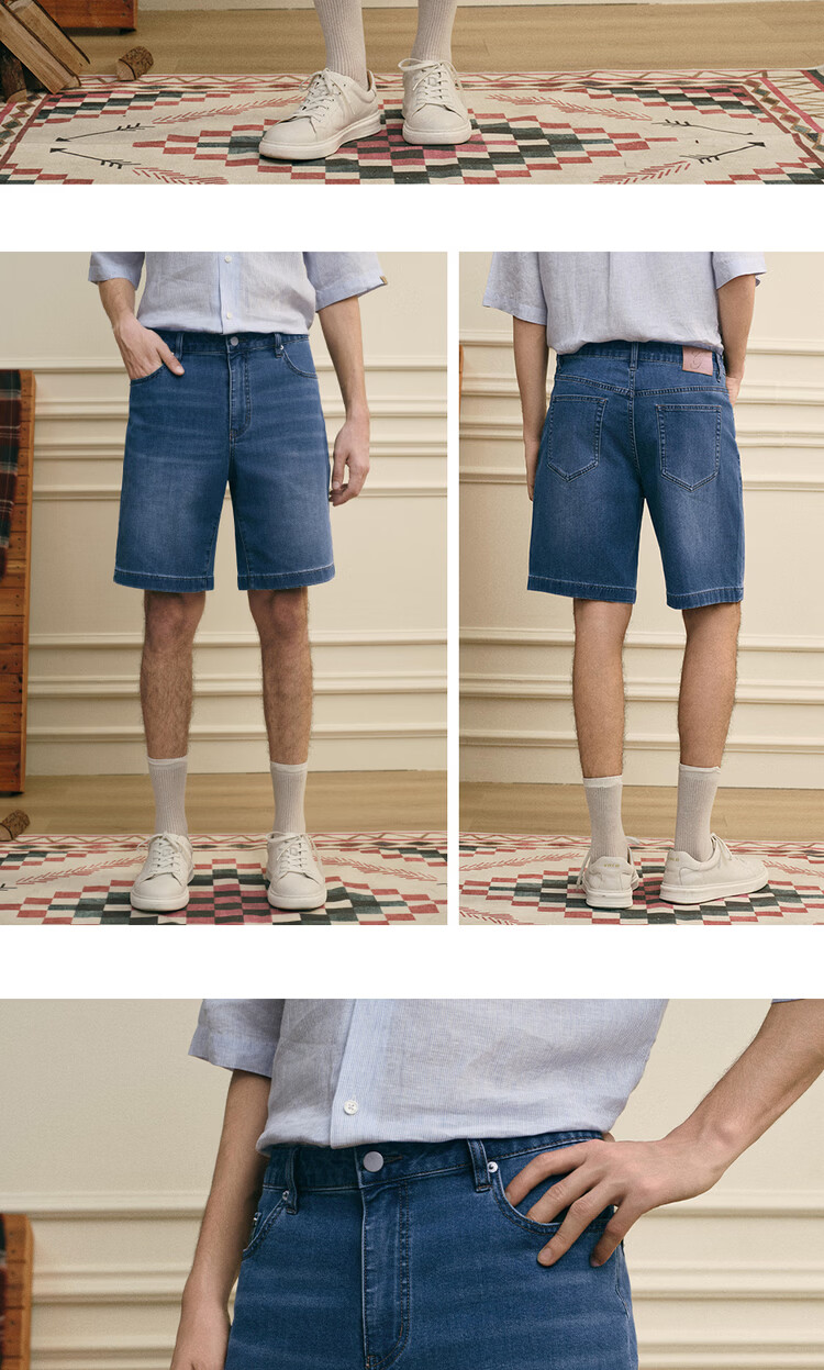 Giordano G+ 2026 Summer New Acetate Cool Feeling Leather Patch Mid-Rise Straight Leg Faded Denim Shorts for Men 01106348 19