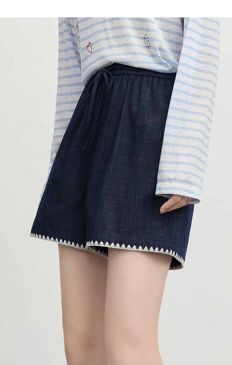 Sllsky Colorblock Shell Embroidered A-Line Denim Shorts for Women Summer Elastic Waist Vintage Petite Casual Wide-Leg Pants 15