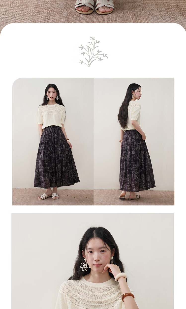 Giordano Designer Women's Vintage Paisley Print Linen Feel Elastic Waist Midi Skirt 18466210 11