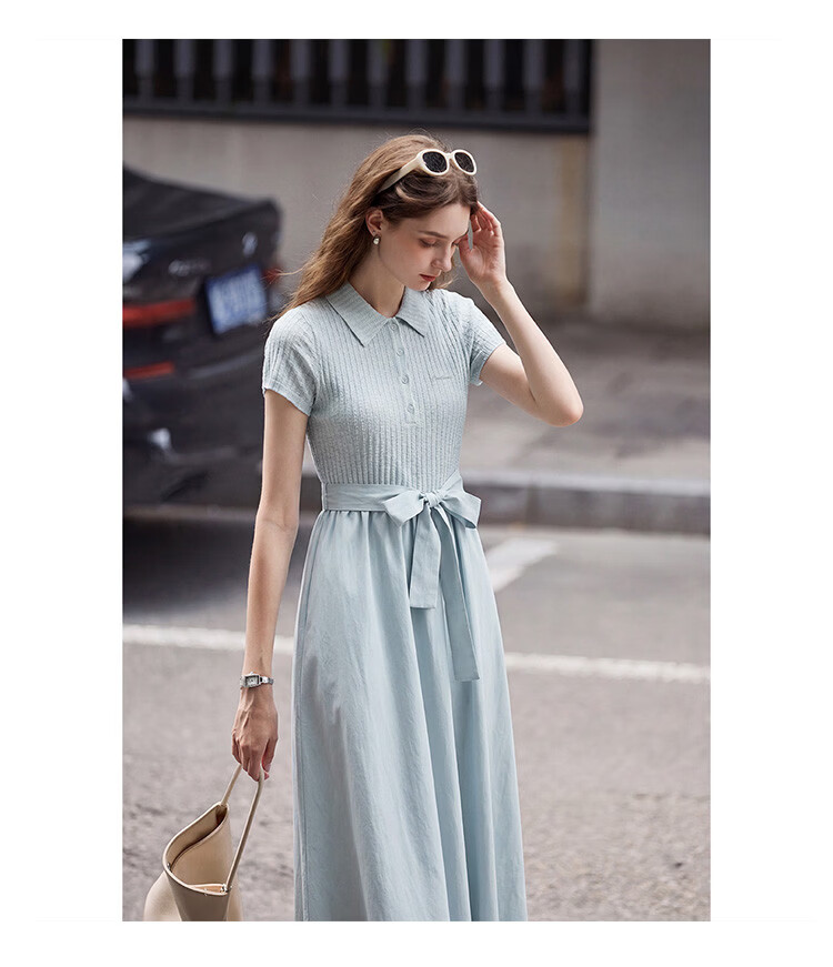 TonLion 2026 Summer New Blue Elegant French Style Dress with Belt for Women 2