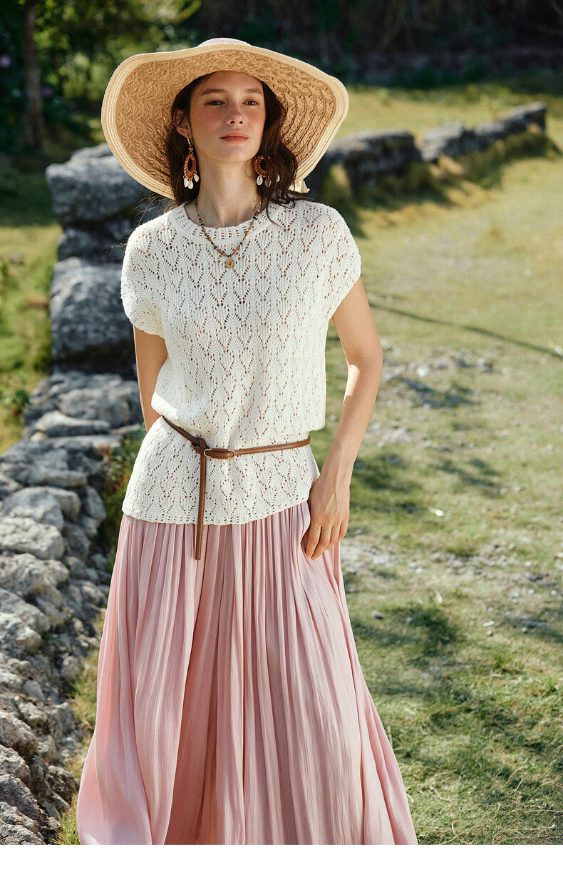 Olrain Summer New Breathable Skin-friendly Hollow Floral Knit Round Neck Short Sleeve Sweater for Women Off-white L 9