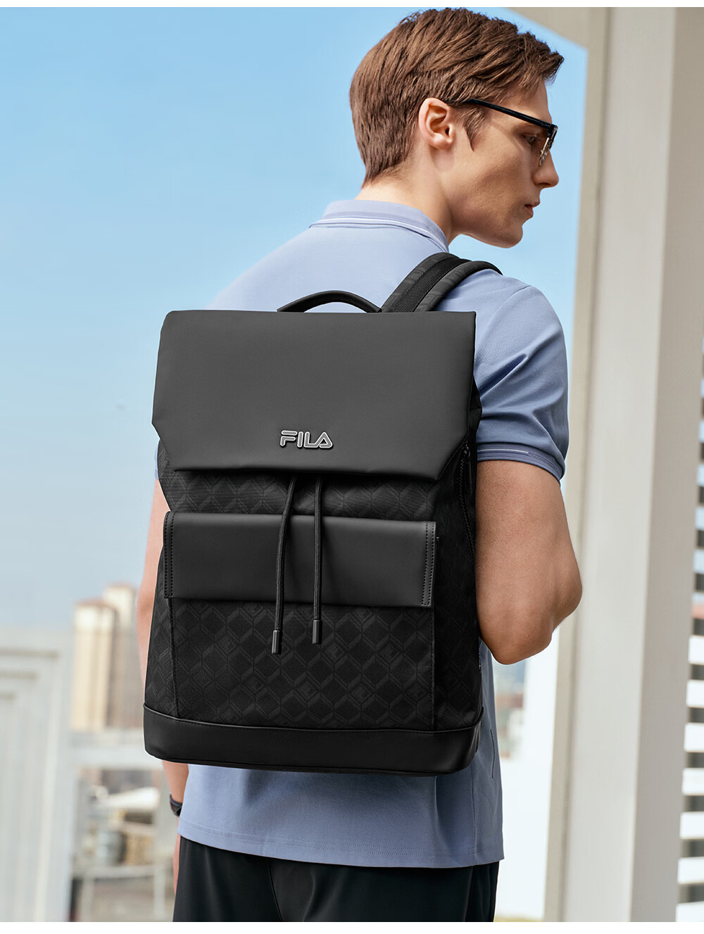 FILA Official "Black Warrior" Men's Commuter Fashion Casual Backpack Flap Double Shoulder Bag 4