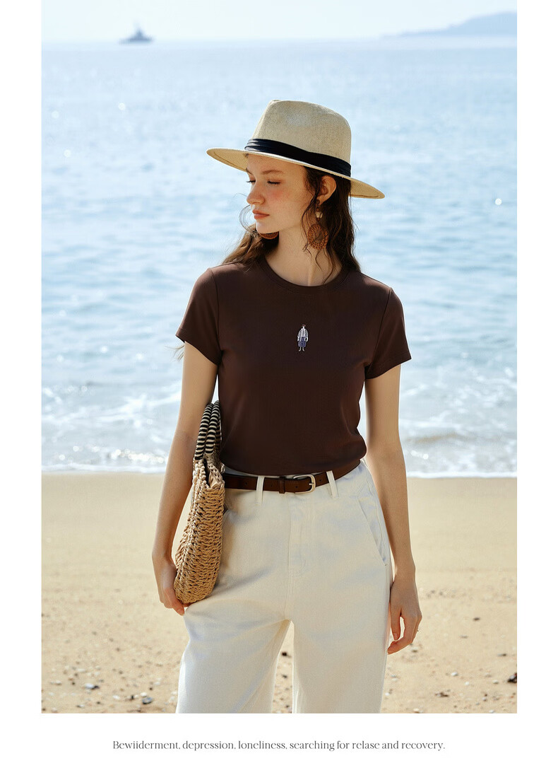 Olrain Summer New Casual Color-Block Heavy Embroidery Ribbed Crew Neck Short Sleeve T-Shirt for Women Brown L 10