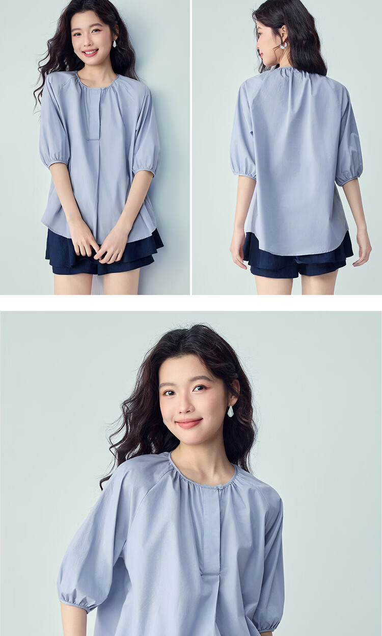 Giordano Women's 2026 Summer New Pure Cotton Loose Pleated Round Neck Raglan Mid Sleeve Shirt 05346120 16