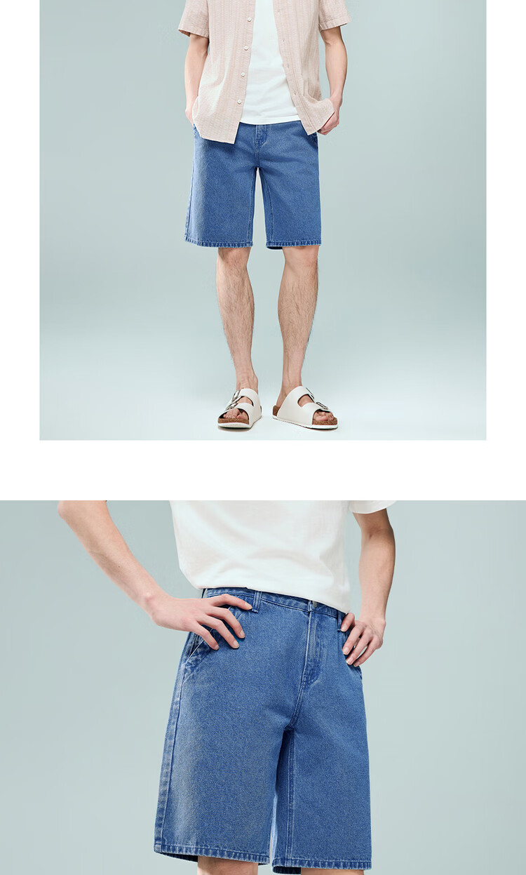 Giordano Men's Summer New Pure Cotton Straight Leg Denim Pants Mid Waist Washed Denim Shorts 13106313 15
