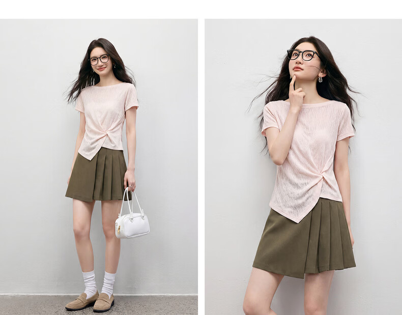 Shangdubila Tailored Twist Fashion T-Shirt Women Summer Off-Shoulder Irregular Slim Fit Stretch Textured Knitwear 22
