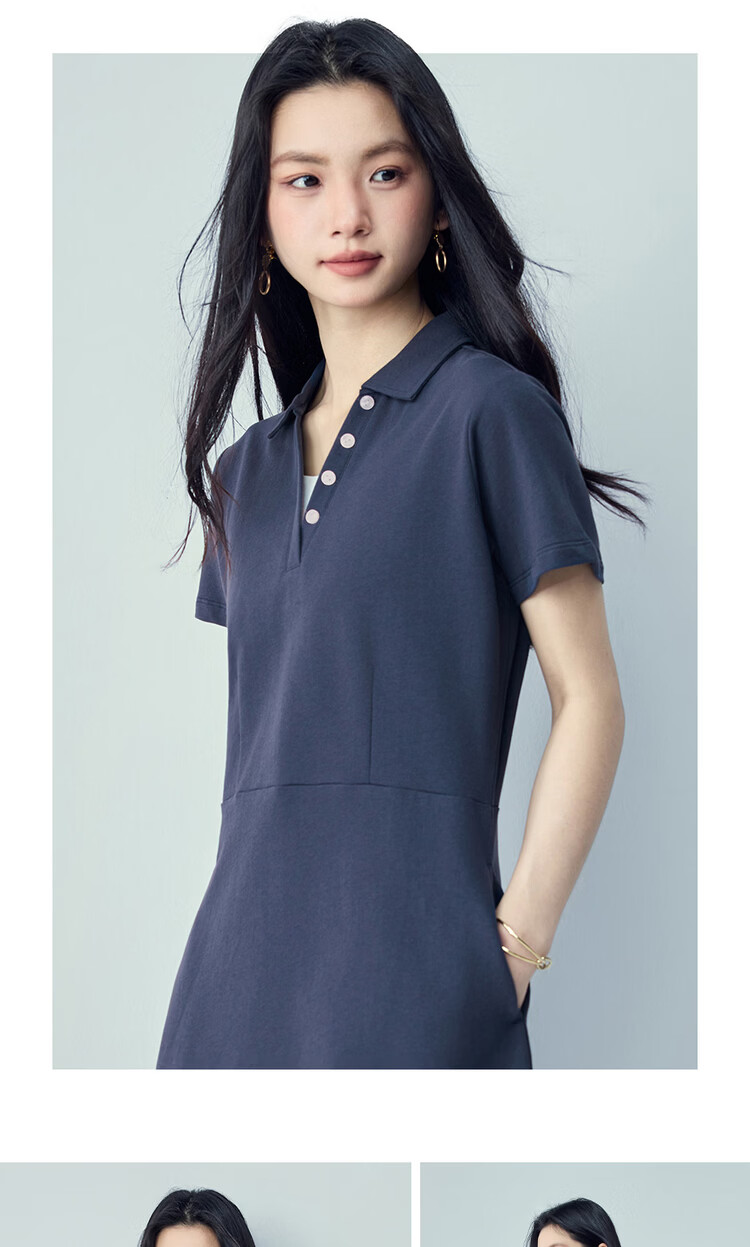 Giordano Women's Short Sleeve Dress Pure Cotton Knit Sweatshirt Dress Color Block Faux Two-Piece Polo Collar Dress 05466470 16
