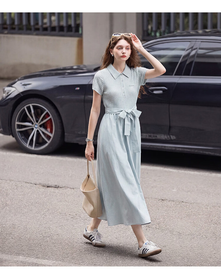 TonLion 2026 Summer New Blue Elegant French Style Dress with Belt for Women 4