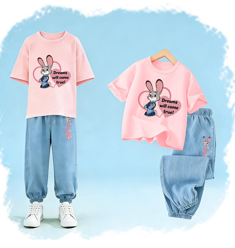 Disney Girls Summer Set New Short Sleeve T-Shirt and Tencel Jeans Judy Officer White + Running Rabbit Light Blue 150 8