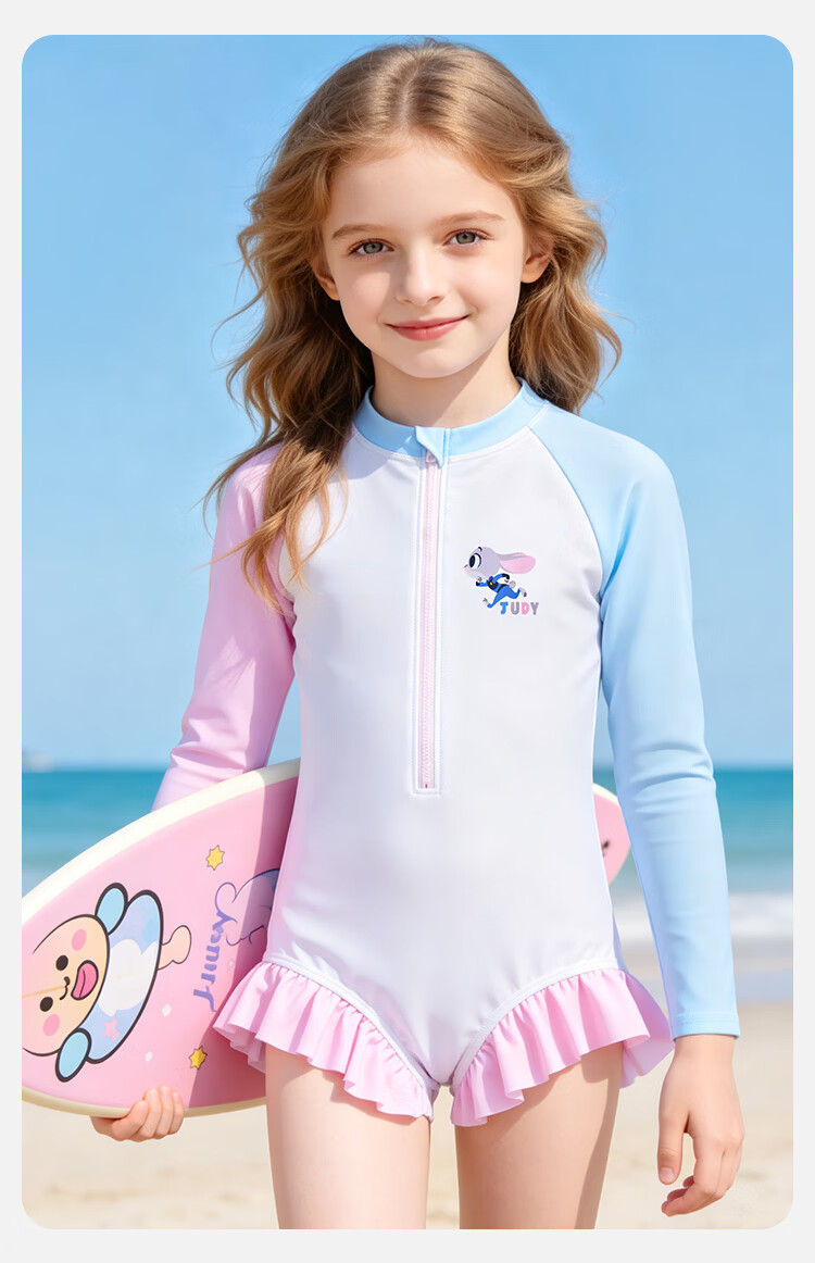 Disney Girls' Judy Sun Protection One-Piece Swimsuit Summer Long Sleeve Ruffle Swimwear Pink Blue 140 8