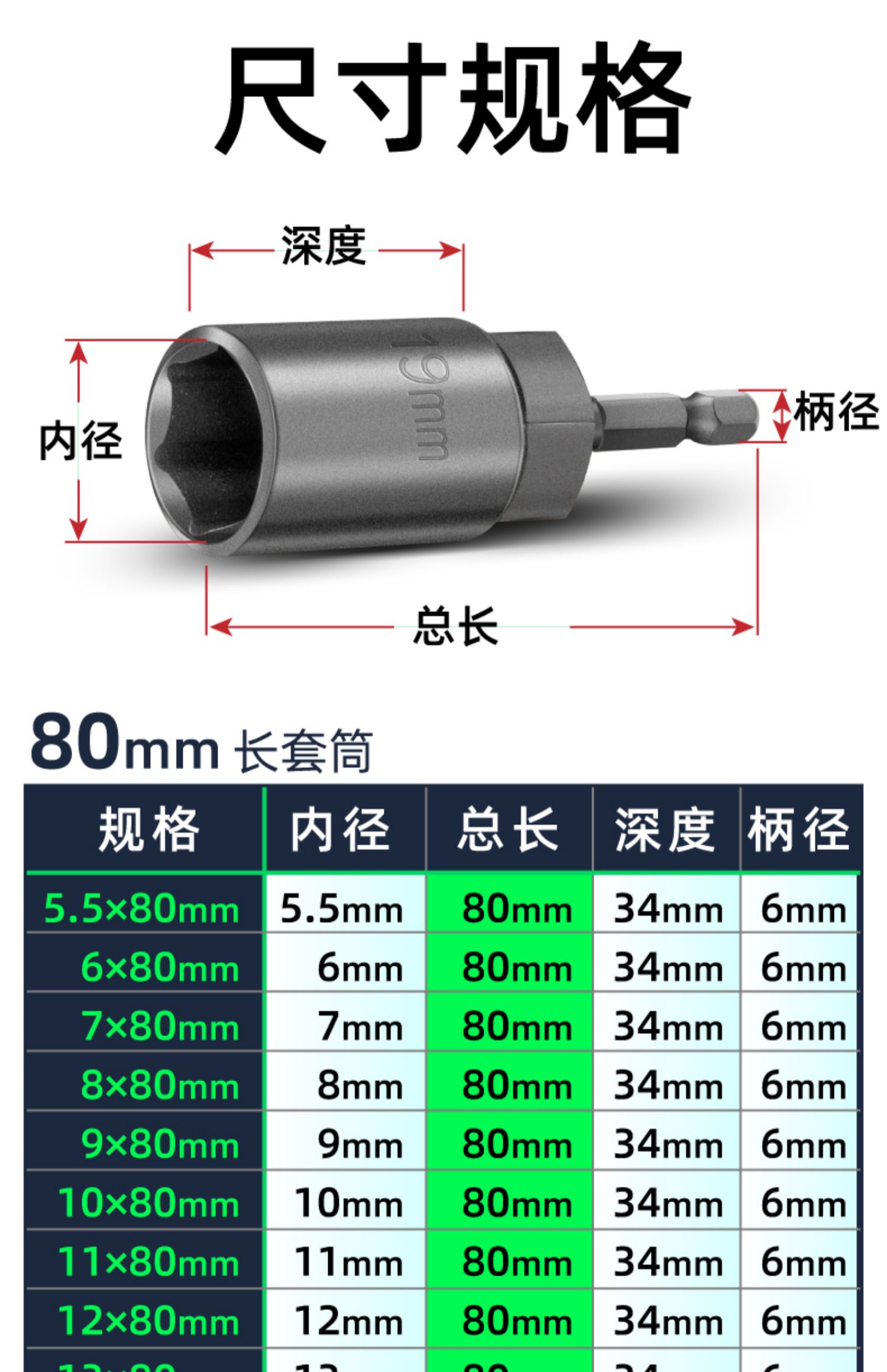 电动扳手套筒常用规格图片