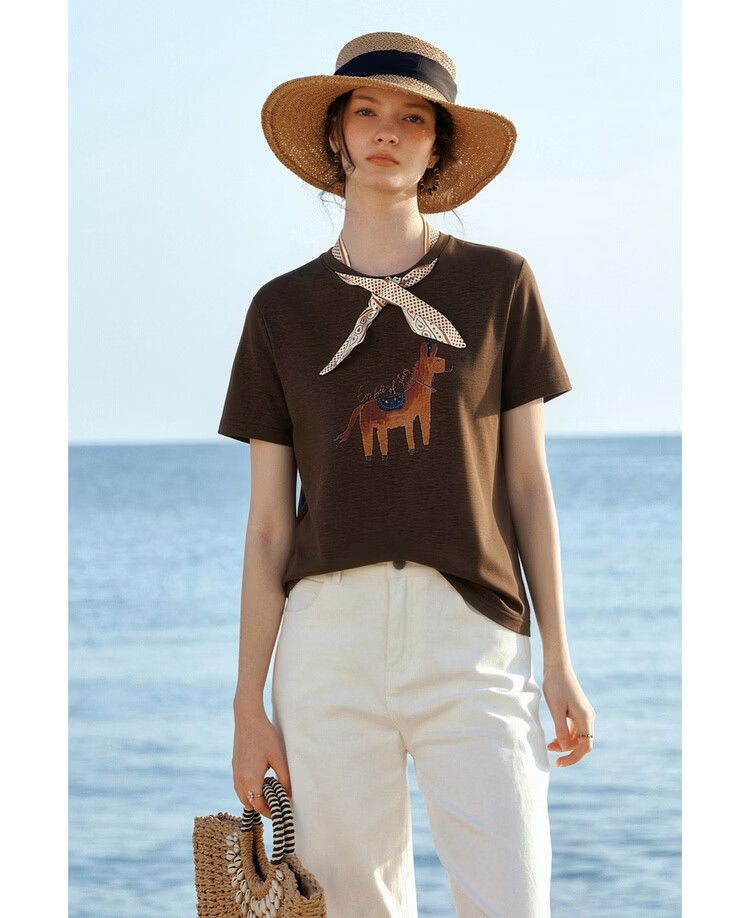 Olrain Eurielle French Style Printed Silk Scarf Short Sleeve T-Shirt Women's Summer Casual Commuting Trendy Top Beige S 13