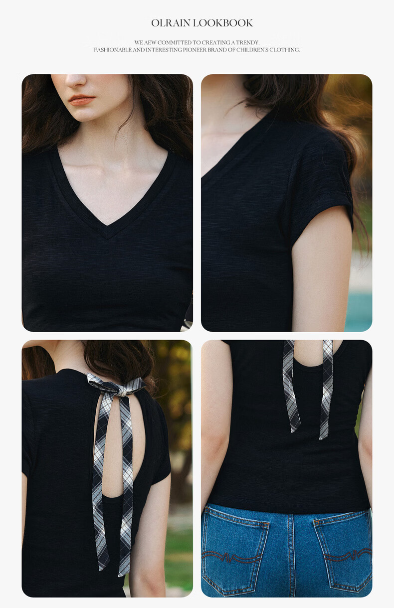 Olrain Eurielle Summer New Classic V-Neck Back Hollow Slim Short Sleeve T-Shirt Women Casual Top Black S 6