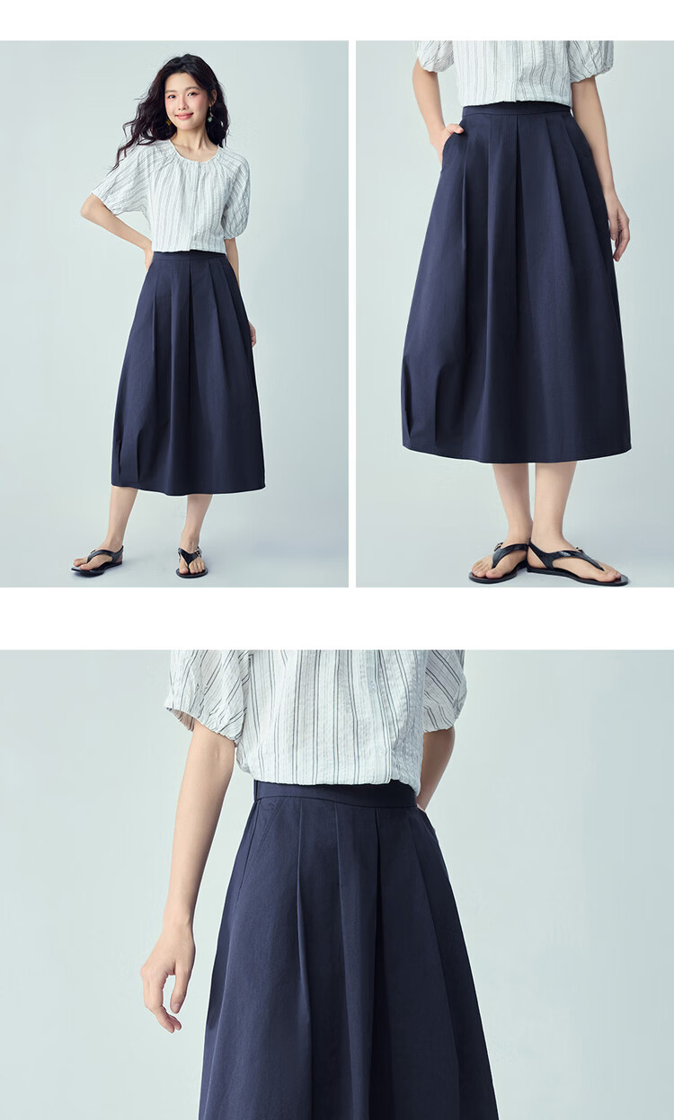 Giordano Women's Bud Skirt 2026 Summer Pure Cotton Semi-Elastic Waist Pleated A-Line Midi Skirt 13466203 16