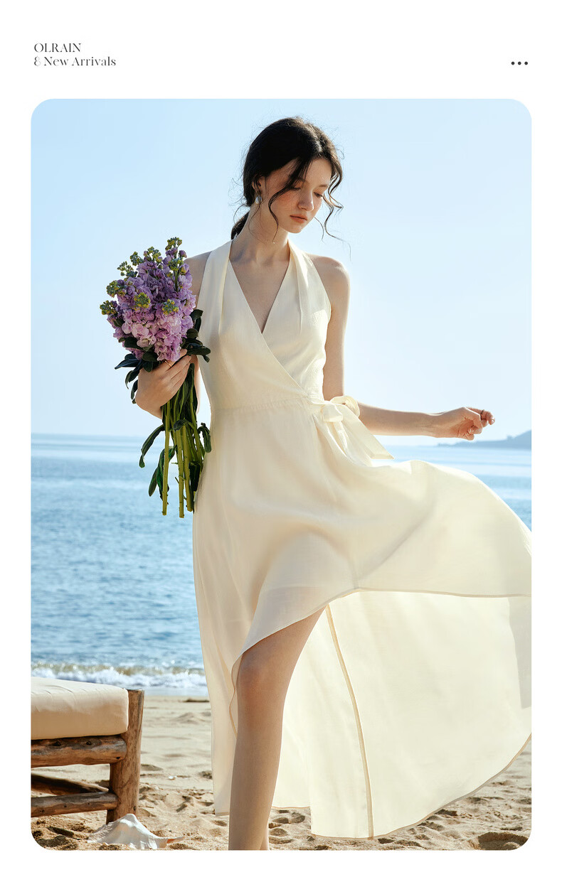 Olrain French Style Halter V-Neck Adjustable Waist Tie Mid-Length Dress for Women Summer Apricot M 2
